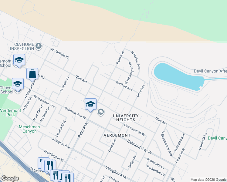 map of restaurants, bars, coffee shops, grocery stores, and more near 6508 Ventura Court in San Bernardino