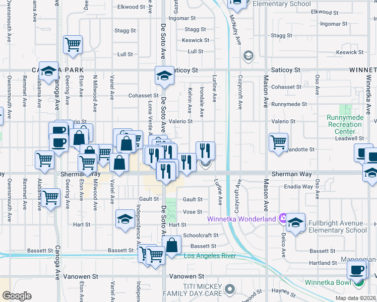 map of restaurants, bars, coffee shops, grocery stores, and more near 7243 Kelvin Avenue in Los Angeles