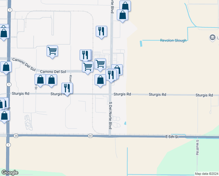 map of restaurants, bars, coffee shops, grocery stores, and more near 201 Del Norte Boulevard in Oxnard