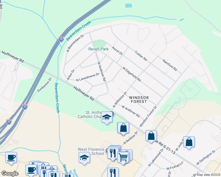 map of restaurants, bars, coffee shops, grocery stores, and more near 2612 West Andover Road in Florence