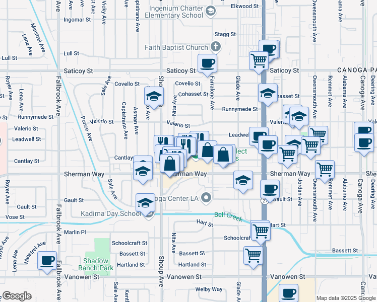 map of restaurants, bars, coffee shops, grocery stores, and more near 22301 Wyandotte Street in Los Angeles