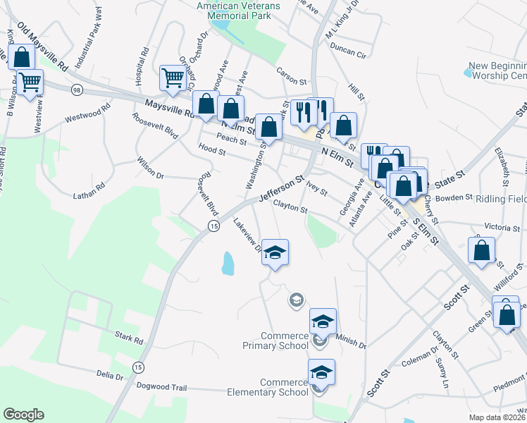 map of restaurants, bars, coffee shops, grocery stores, and more near 8934 Jefferson Street in Commerce