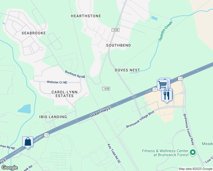 map of restaurants, bars, coffee shops, grocery stores, and more near 74 Old Lanvale Road Northeast in Leland