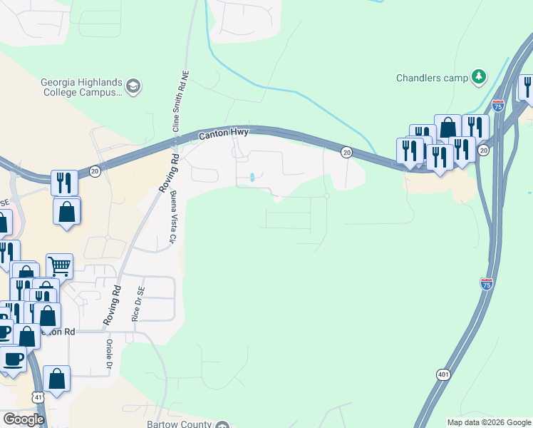 map of restaurants, bars, coffee shops, grocery stores, and more near 30 Backus Road Southeast in Cartersville