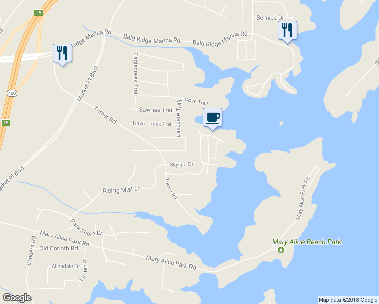 map of restaurants, bars, coffee shops, grocery stores, and more near 2715 Lakeside Trail in Cumming