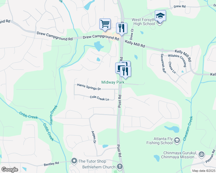 map of restaurants, bars, coffee shops, grocery stores, and more near 5230 Harris Springs Drive in Cumming