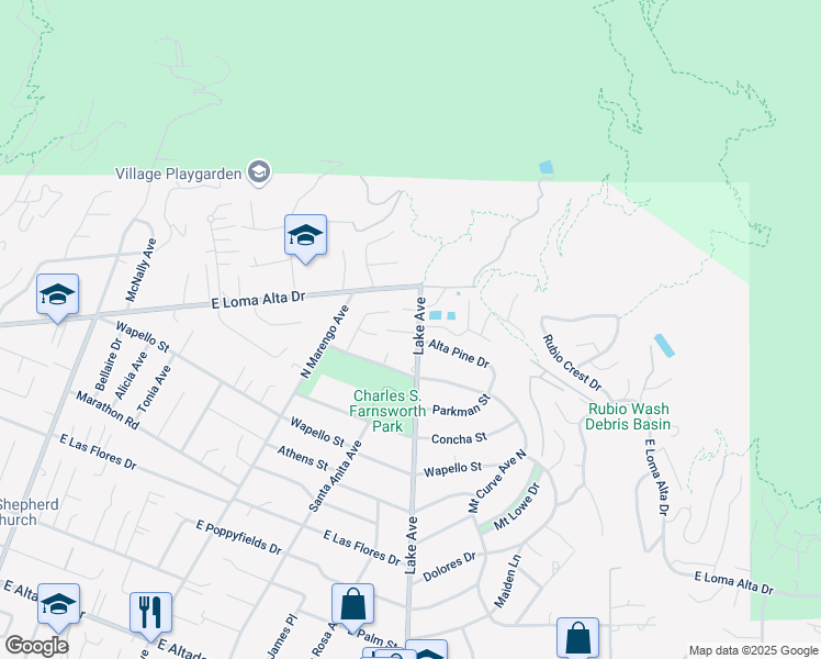 map of restaurants, bars, coffee shops, grocery stores, and more near 3311 Lake Avenue in Altadena