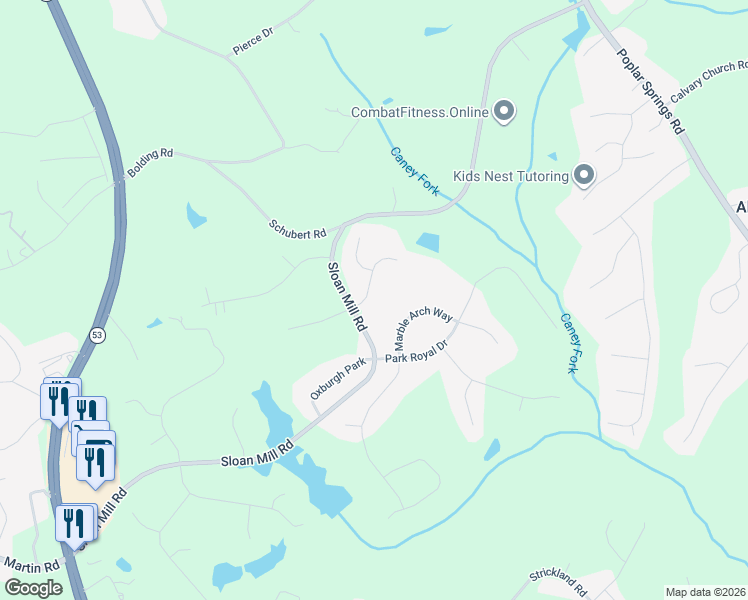 map of restaurants, bars, coffee shops, grocery stores, and more near 4212 Edgeworth Drive in Flowery Branch