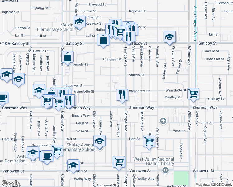 map of restaurants, bars, coffee shops, grocery stores, and more near 19340 Wyandotte Street in Los Angeles