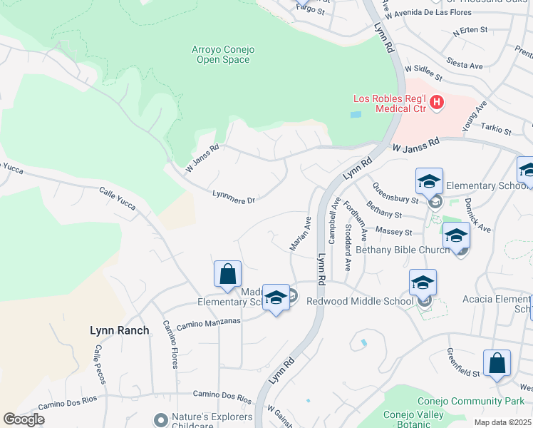 map of restaurants, bars, coffee shops, grocery stores, and more near 637 Lynwood Street in Thousand Oaks