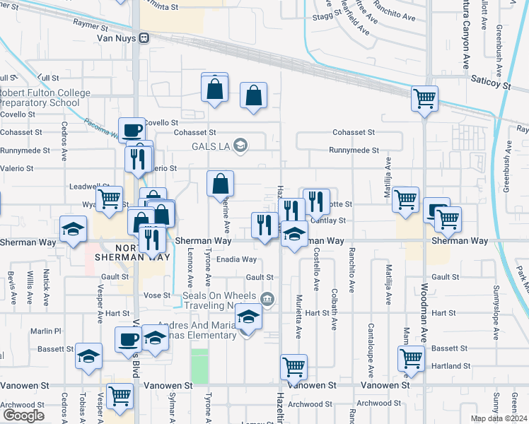 map of restaurants, bars, coffee shops, grocery stores, and more near 7245 Maple Road in Los Angeles