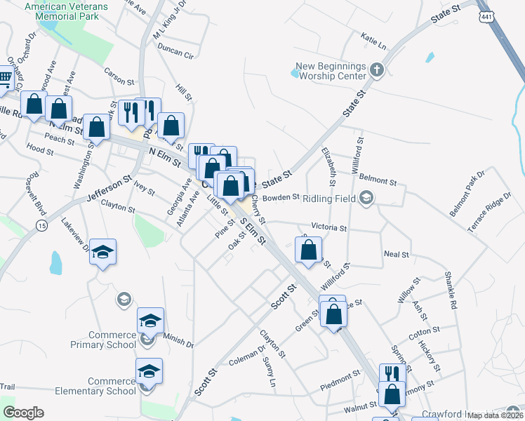 map of restaurants, bars, coffee shops, grocery stores, and more near 209 Cherry Street in Commerce