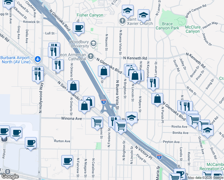 map of restaurants, bars, coffee shops, grocery stores, and more near 2601 North Buena Vista Street in Burbank