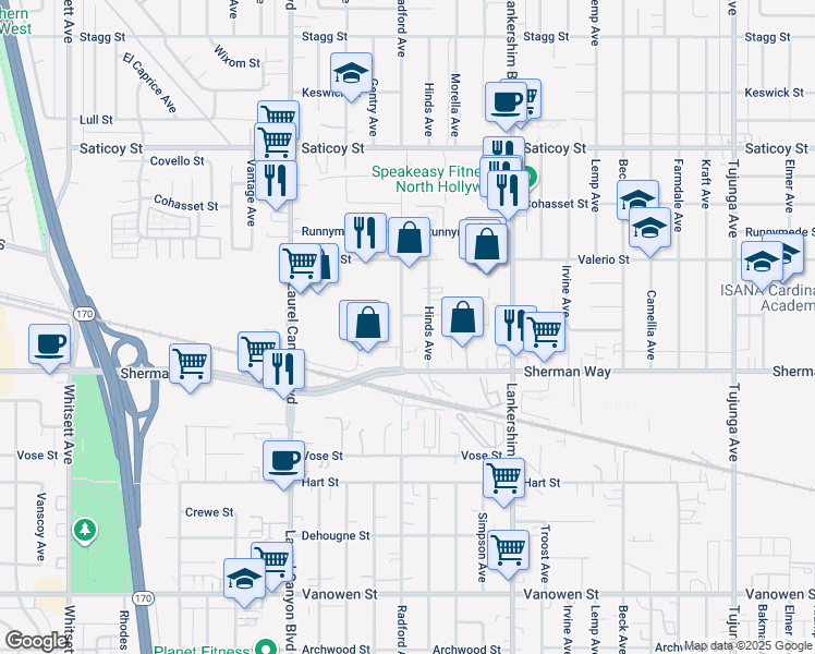 map of restaurants, bars, coffee shops, grocery stores, and more near 11850 Wyandotte Street in Los Angeles