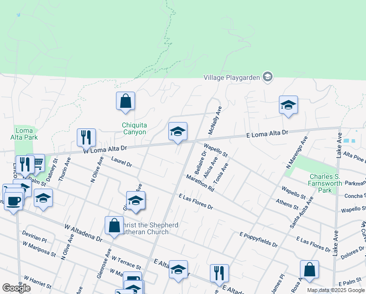 map of restaurants, bars, coffee shops, grocery stores, and more near 57 West Loma Alta Drive in Altadena