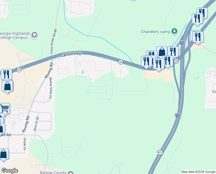 map of restaurants, bars, coffee shops, grocery stores, and more near 62 Lee Road Southeast in Cartersville