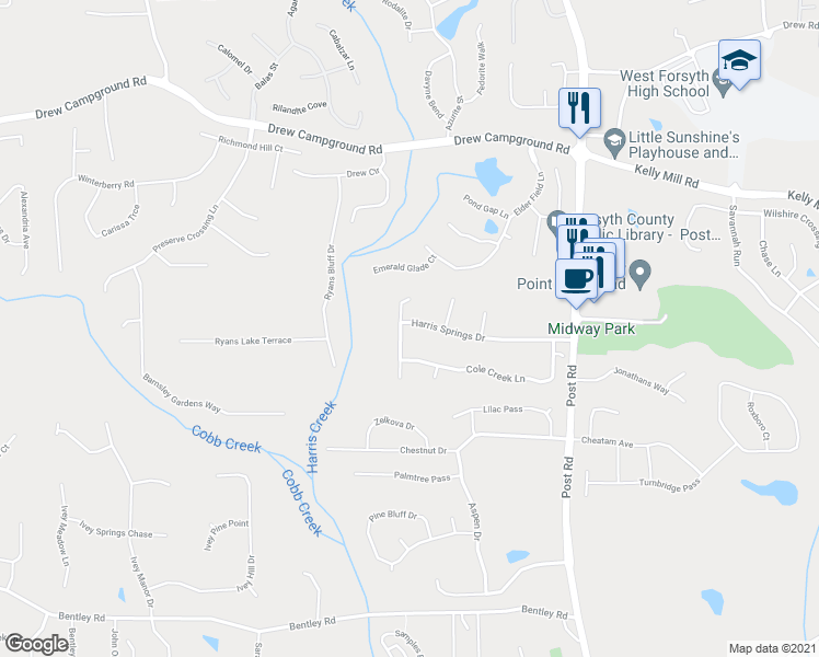 map of restaurants, bars, coffee shops, grocery stores, and more near 5540 Copper Creek Pass in Cumming