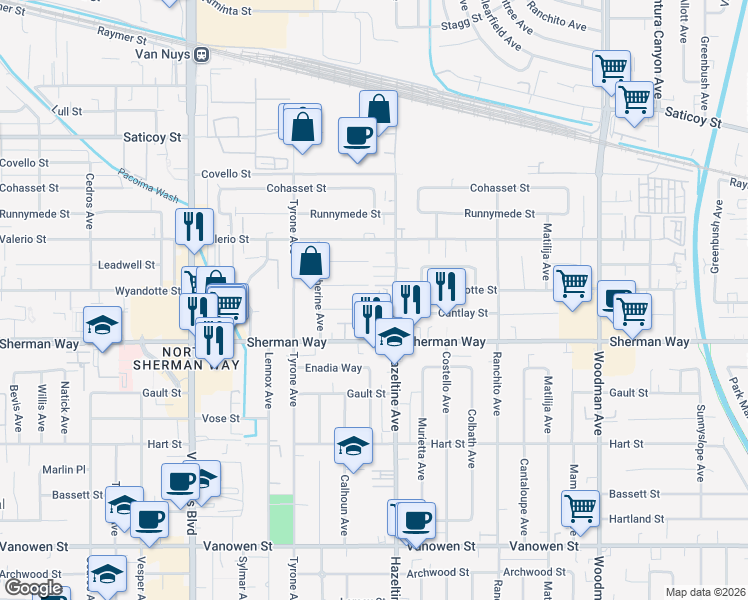map of restaurants, bars, coffee shops, grocery stores, and more near 7245 Maple Road in Los Angeles