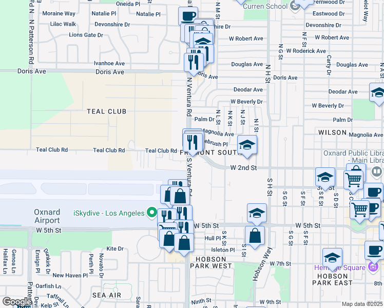 map of restaurants, bars, coffee shops, grocery stores, and more near 50 South Ventura Road in Oxnard