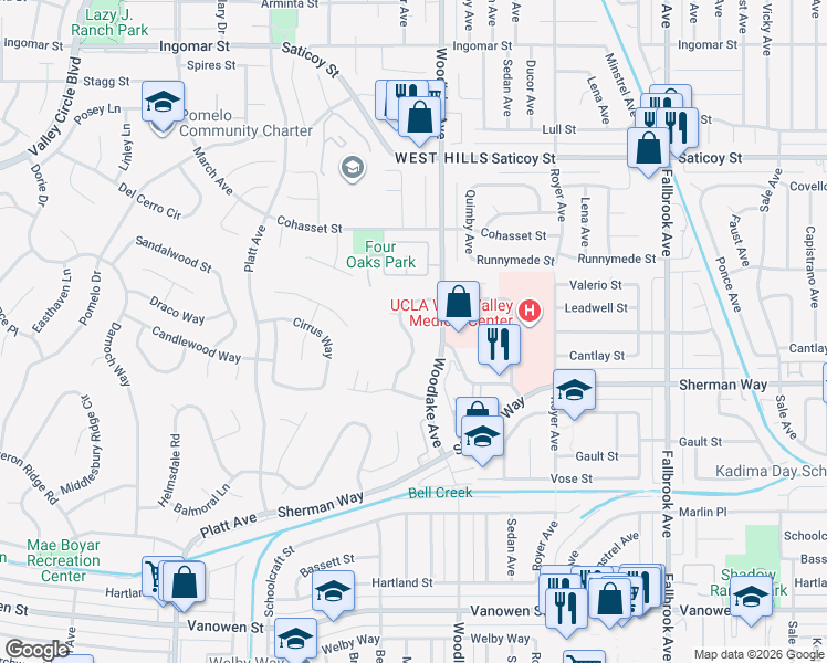 map of restaurants, bars, coffee shops, grocery stores, and more near 7282 Woodvale Court in Los Angeles