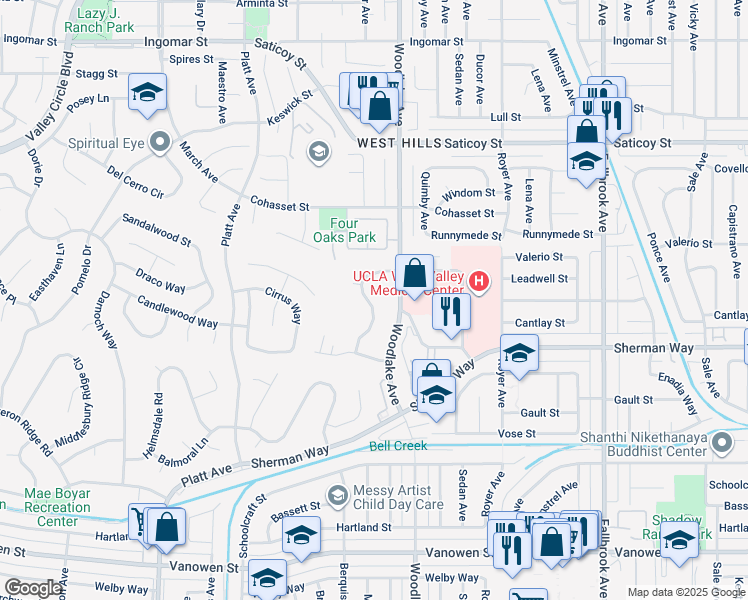 map of restaurants, bars, coffee shops, grocery stores, and more near 7282 Woodvale Court in Los Angeles
