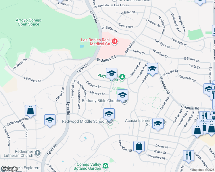 map of restaurants, bars, coffee shops, grocery stores, and more near 319 Bethany Street in Thousand Oaks