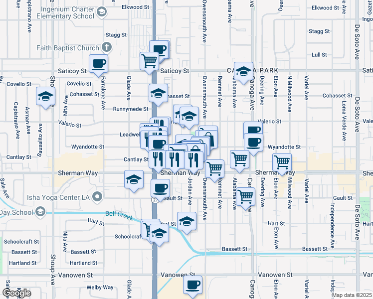 map of restaurants, bars, coffee shops, grocery stores, and more near 7259 Jordan Avenue in Los Angeles