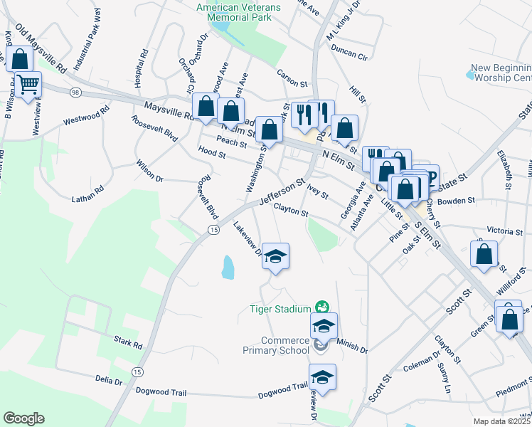 map of restaurants, bars, coffee shops, grocery stores, and more near 8934 Jefferson Street in Commerce