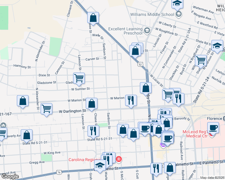 map of restaurants, bars, coffee shops, grocery stores, and more near 403 West Sumter Street in Florence