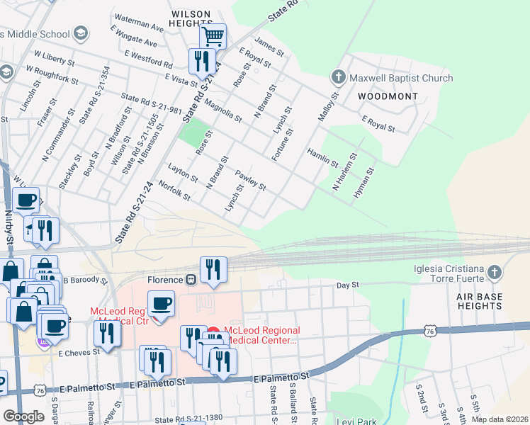 map of restaurants, bars, coffee shops, grocery stores, and more near 1005 Layton Street in Florence