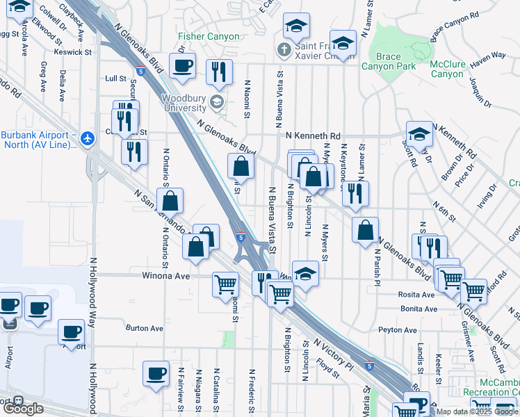 map of restaurants, bars, coffee shops, grocery stores, and more near 2601 North Buena Vista Street in Burbank