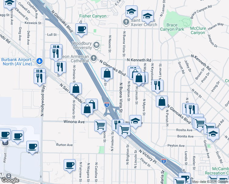 map of restaurants, bars, coffee shops, grocery stores, and more near 2601 North Buena Vista Street in Burbank