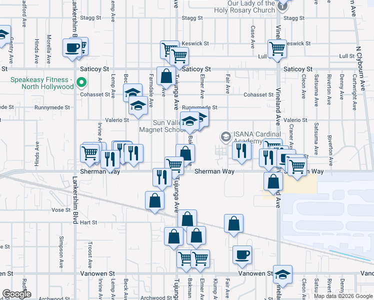 map of restaurants, bars, coffee shops, grocery stores, and more near 7302 Tujunga Avenue in Los Angeles