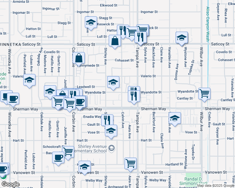 map of restaurants, bars, coffee shops, grocery stores, and more near 19446 Wyandotte Street in Los Angeles