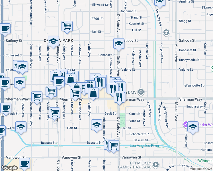 map of restaurants, bars, coffee shops, grocery stores, and more near 7303 Loma Verde Avenue in Los Angeles