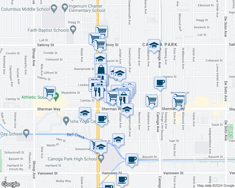 map of restaurants, bars, coffee shops, grocery stores, and more near 21827 Wyandotte Street in Los Angeles