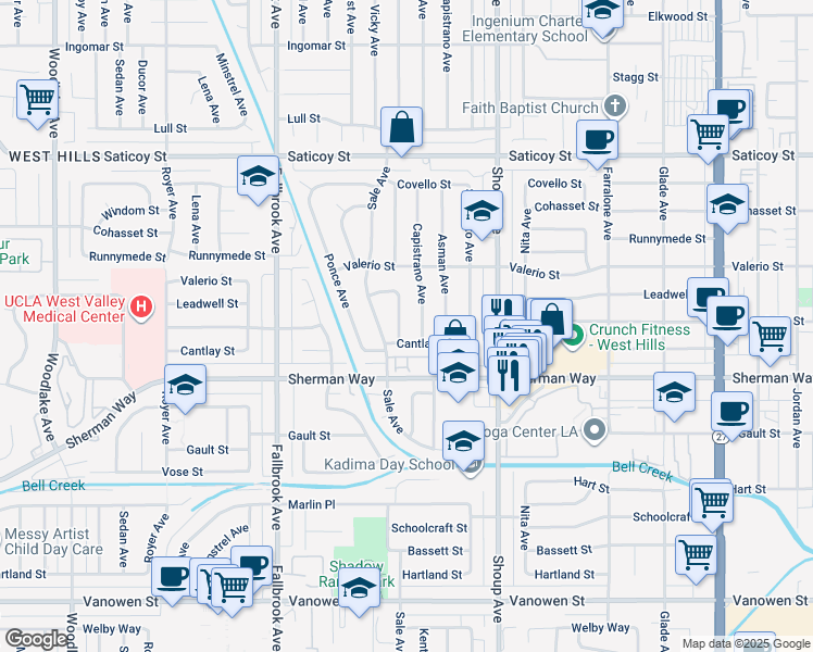 map of restaurants, bars, coffee shops, grocery stores, and more near 7300 Kentland Avenue in Los Angeles