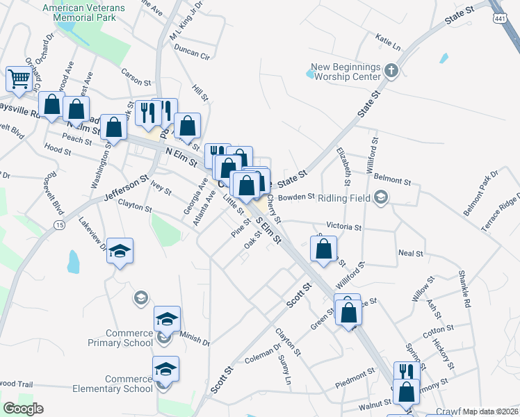 map of restaurants, bars, coffee shops, grocery stores, and more near 209 Cherry Street in Commerce