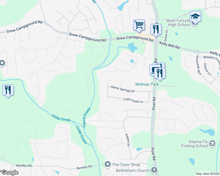 map of restaurants, bars, coffee shops, grocery stores, and more near 5540 Copper Creek Pass in Cumming