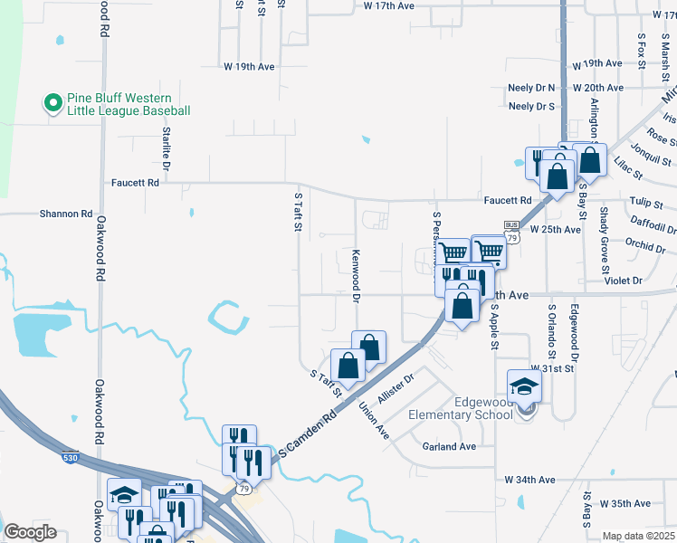 map of restaurants, bars, coffee shops, grocery stores, and more near 2610 Kenwood Drive in Pine Bluff