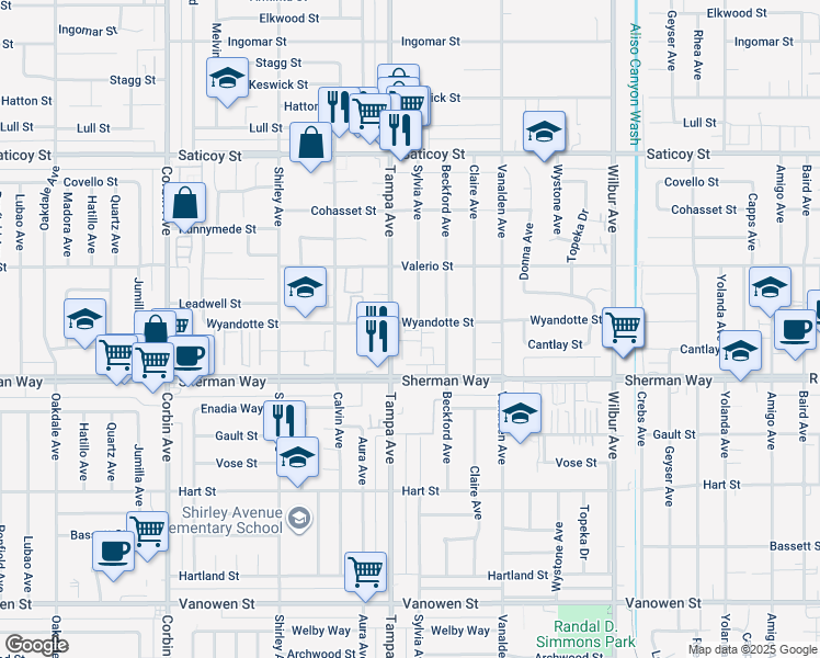 map of restaurants, bars, coffee shops, grocery stores, and more near 19230 Wyandotte Street in Los Angeles
