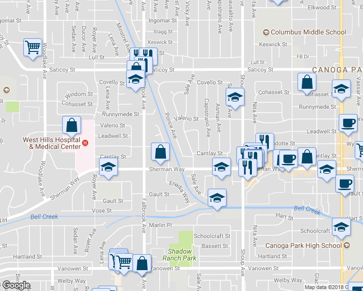 map of restaurants, bars, coffee shops, grocery stores, and more near 7258 Ponce Avenue in Los Angeles