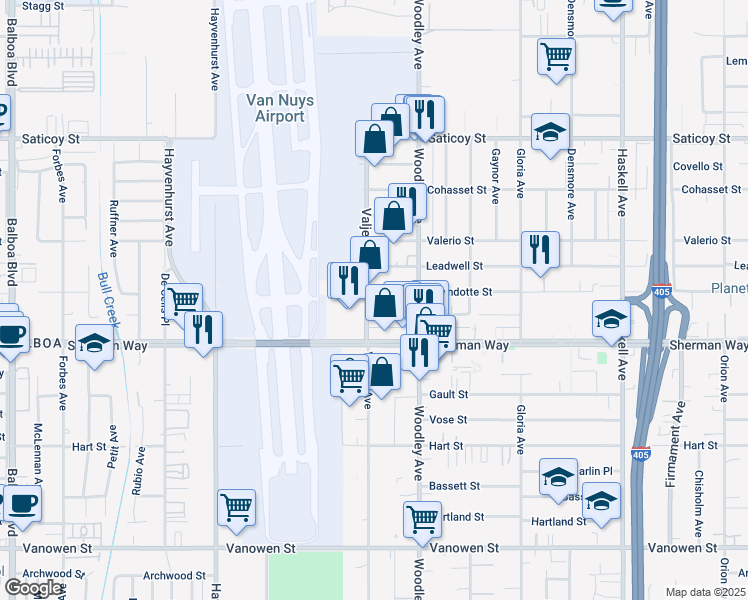 map of restaurants, bars, coffee shops, grocery stores, and more near 16138 Wyandotte Street in Los Angeles
