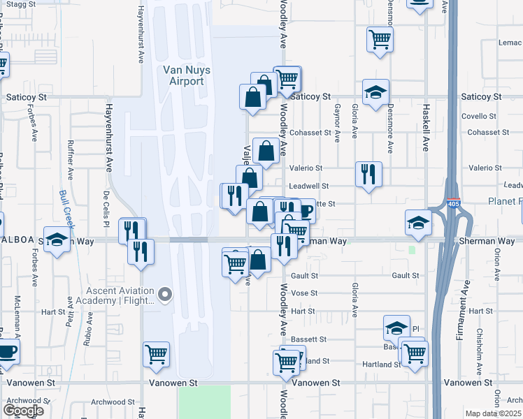 map of restaurants, bars, coffee shops, grocery stores, and more near 16138 Wyandotte Street in Los Angeles