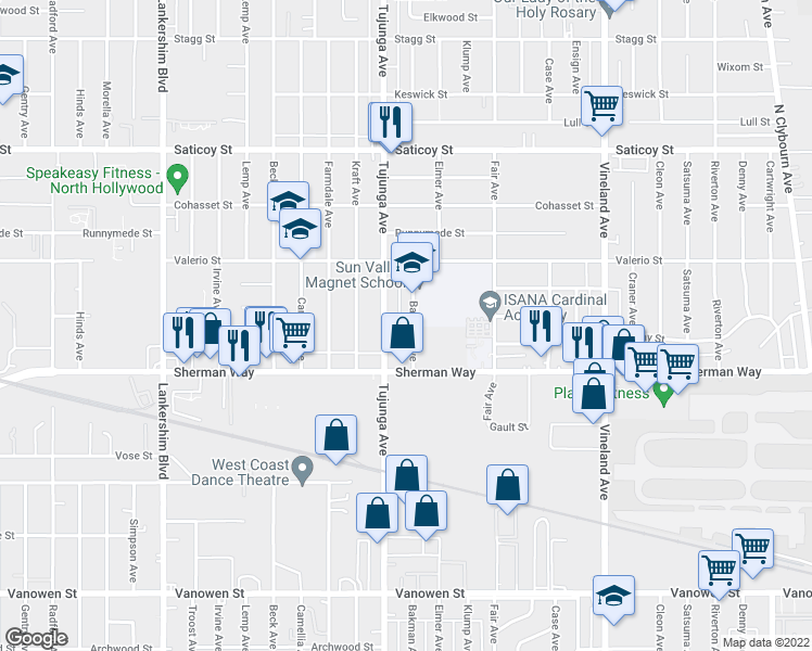 map of restaurants, bars, coffee shops, grocery stores, and more near 7249 Bakman Avenue in Los Angeles