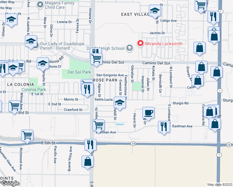 map of restaurants, bars, coffee shops, grocery stores, and more near 124 North Driskill Street in Oxnard