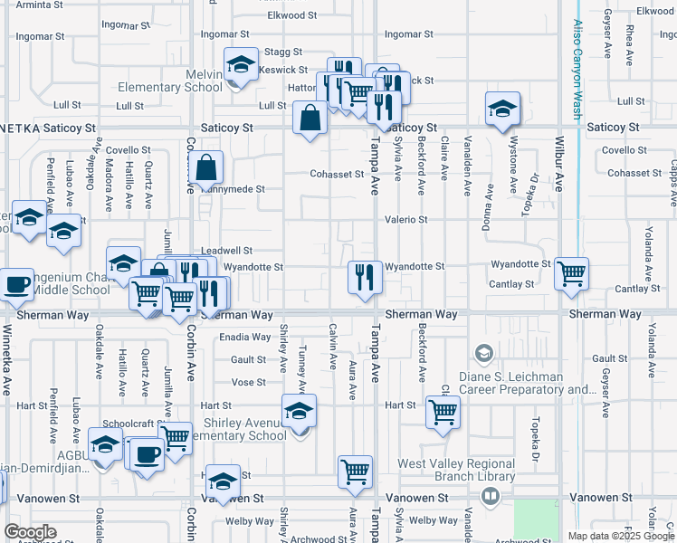 map of restaurants, bars, coffee shops, grocery stores, and more near 19230 Wyandotte Street in Los Angeles