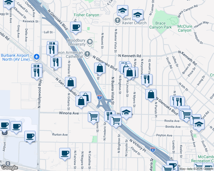 map of restaurants, bars, coffee shops, grocery stores, and more near 2601 North Buena Vista Street in Burbank