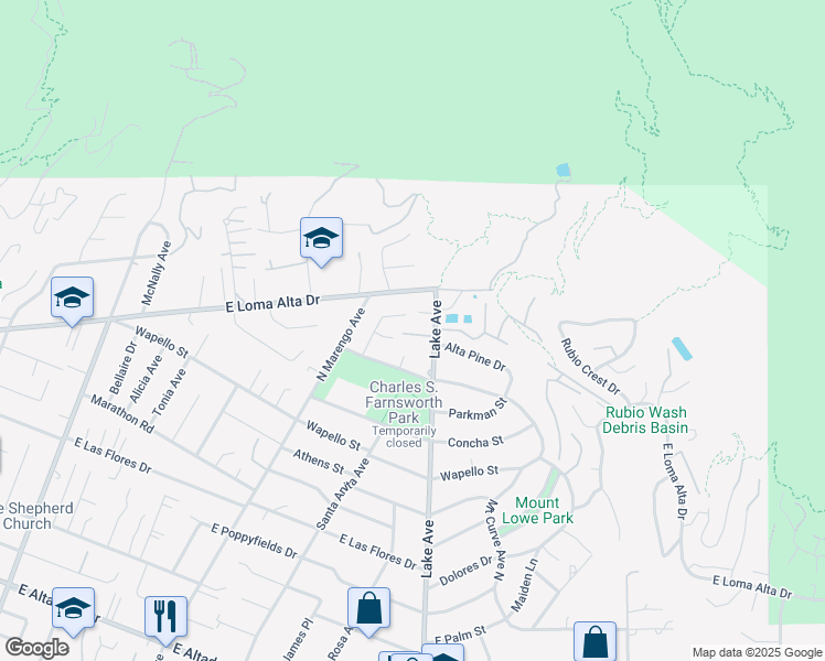 map of restaurants, bars, coffee shops, grocery stores, and more near 579 Sunset Drive in Altadena
