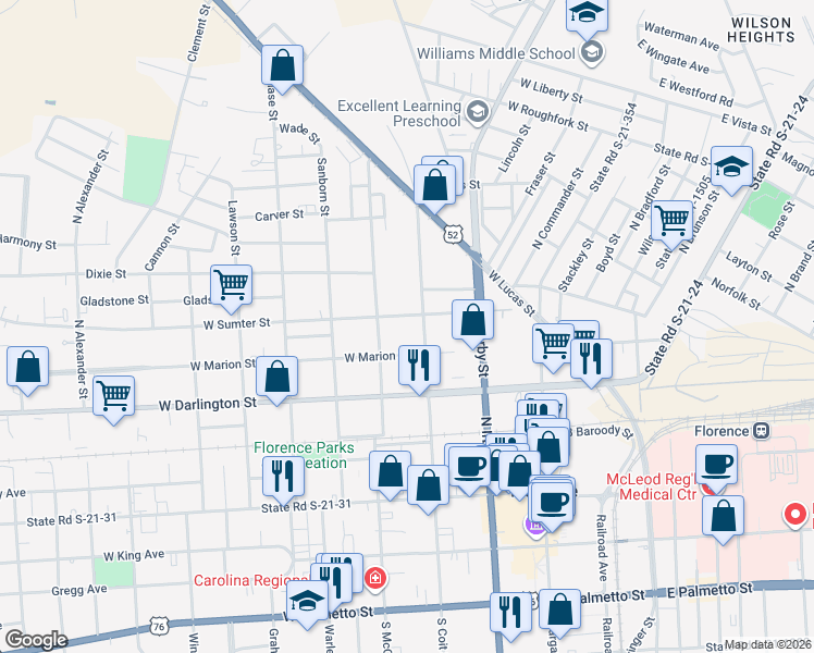 map of restaurants, bars, coffee shops, grocery stores, and more near 306 West Sumter Street in Florence
